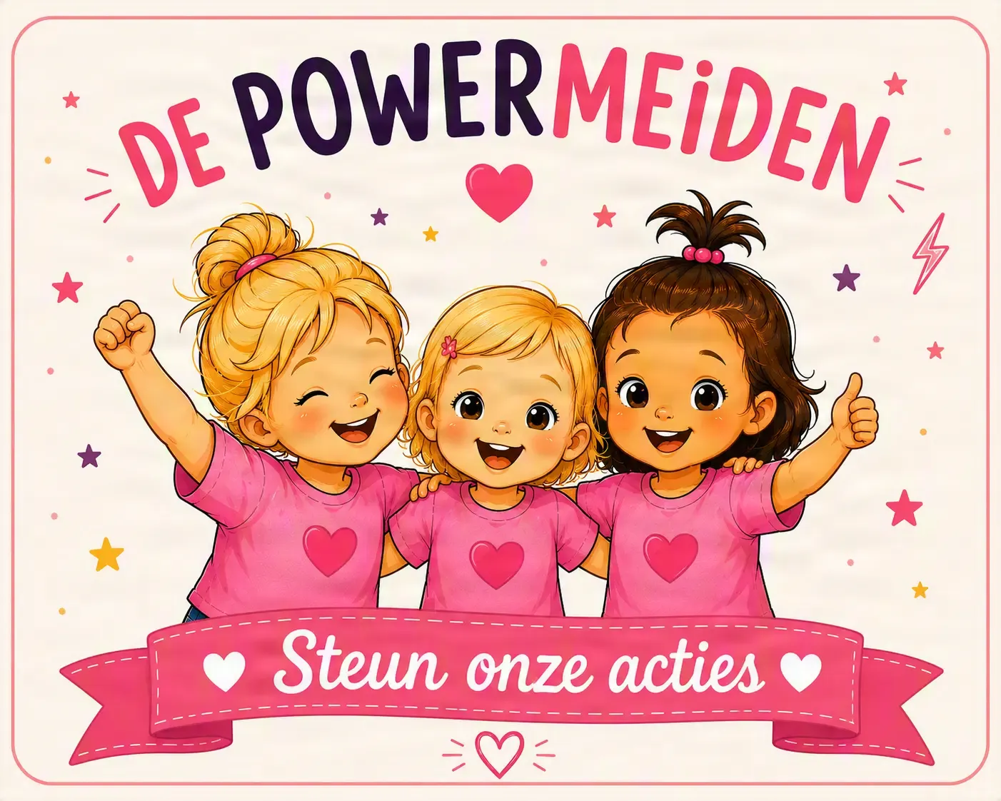 Illustratie met het logo van De Powermeiden met de tekst 'Steun onze acties'.
