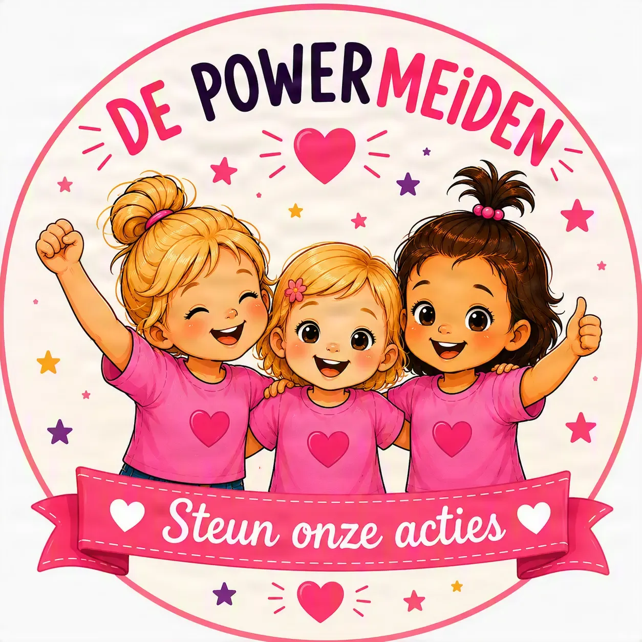 Illustratie met het logo van De Powermeiden met de tekst 'Steun onze acties'.