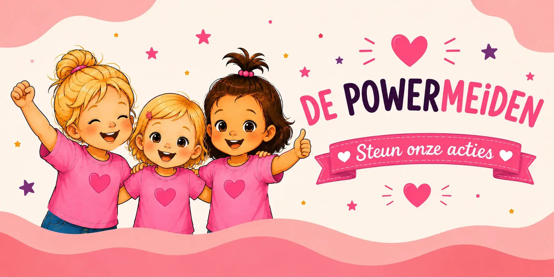 Illustratie van Anna, Anne en Guusje samen als De Powermeiden, met de tekst 'Steun onze acties'.